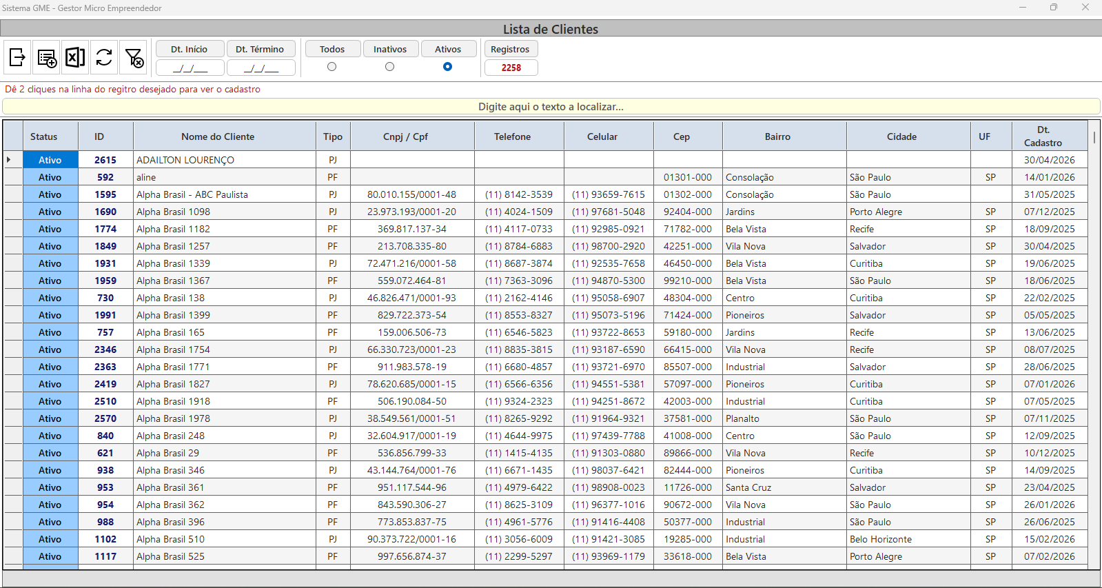 Lista de clientes do GME Phoenix
